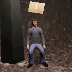 A screenshot of a character sitting on a stump with a piece of cardbord above his head with a questionmark on.